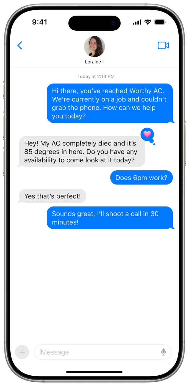 Example missed-call text-back conversation on iPhone